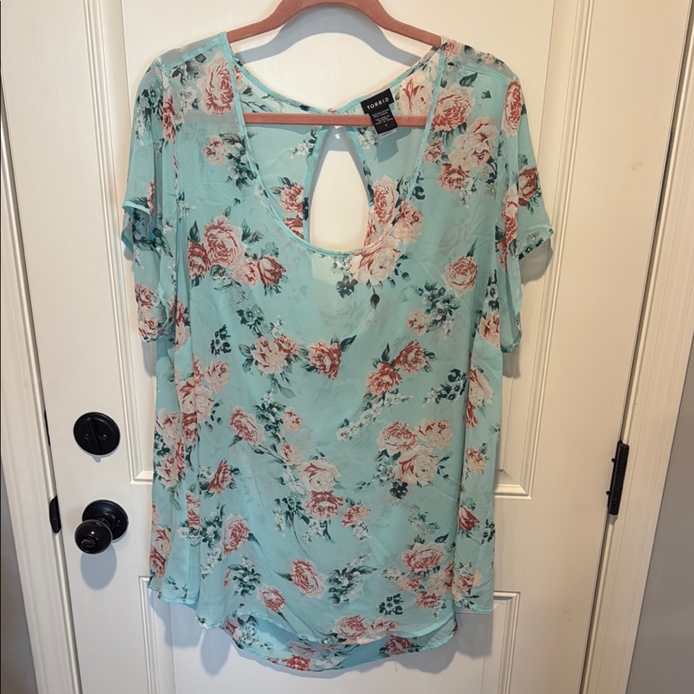 Savvy Floral Print Women's Top - Mint Green Key Hole Back